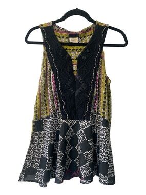 Meadow Rue Sleeveless Boho Patterned Peplum Top with Black Lace Trim